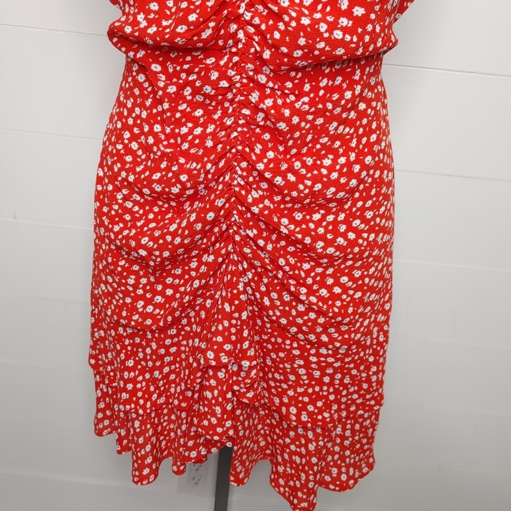 Zara Red Floral Ruched Ruffle Mini Dress Size S - Picture 4 of 12